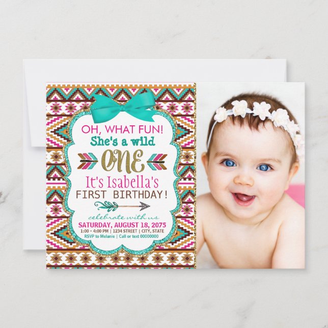 Invitation Fête d'anniversaire Tribale Fille 1 an (Devant)