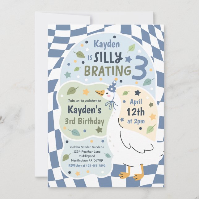 Invitation Fête d'anniversaire trois ans de l'oie idiote (Devant)