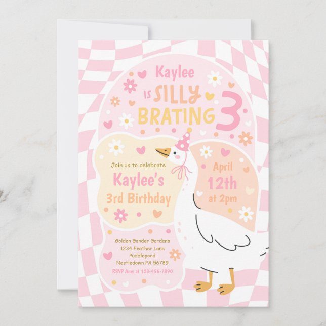 Invitation Fête d'anniversaire trois ans de l'oie idiote (Devant)