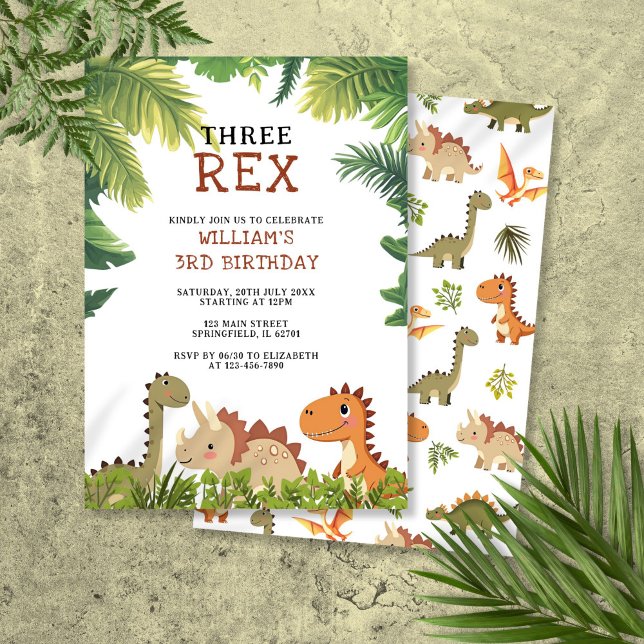 Invitation Fête d'anniversaire Trois Rex Dinosaur mignon (Cute Dinosaur Three Rex 3rd Birthday Party Invitation)