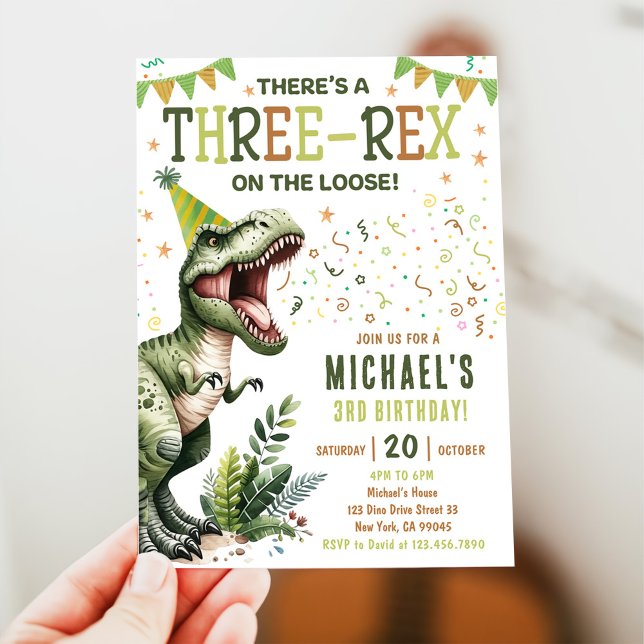 Invitation Fête d'anniversaire Trois Rex Dinosaure 3 ans  (Créateur téléchargé)