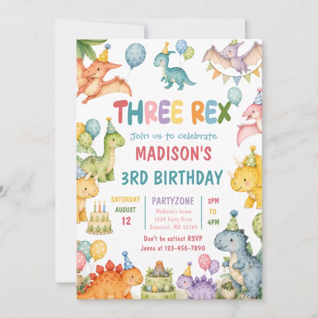 Invitation Fête d'anniversaire Troisième Dinosaure Rex 3 ans (Devant)