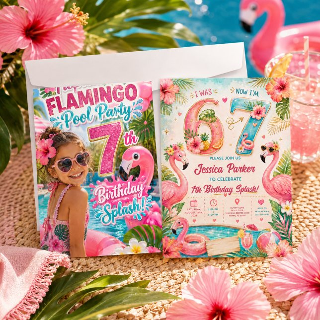 Invitation Fête d'anniversaire Tropical Flamingo Piscine 7 an (Tropical Flamingo Pool Party 7th Birthday Splash Invitation
)