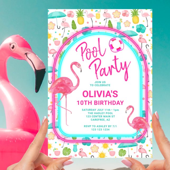 Invitation Fête d'anniversaire Tropical Flamingo Pool Party (Créateur téléchargé)