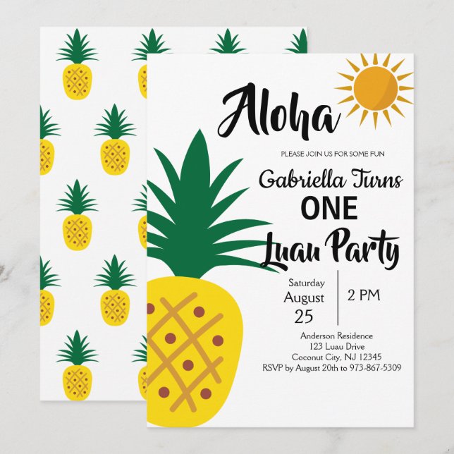 Invitation Fête d'Anniversaire Tropical Luau (Devant / Derrière)