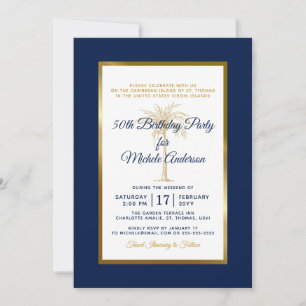 Invitation Fête d'anniversaire Tropical Navy Blue Gold Palm T