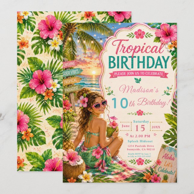 Invitation Fête d'anniversaire tropicale (Devant / Derrière)