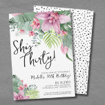 Invitation Fête d'anniversaire tropicale<br><div class="desc">Typographie Trente Tropical Cute Girly 30th Birthday Invitation. Célébrez qu'elle a trente ans avec cet invitation de trentième anniversaire élégant mais amusant. Avec des accents botaniques roses et verts contrastés par le lettrage noir et blanc. Un design tropical qui embrasse la beauté tranquille de la nature mêlée à un côté...</div>