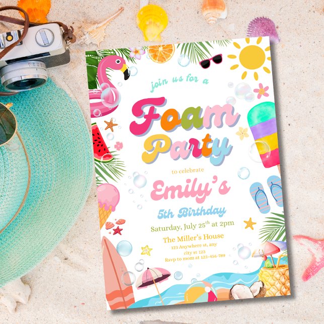 Invitation Fête d'anniversaire tropicale à la mousse d'été su (Créateur téléchargé)