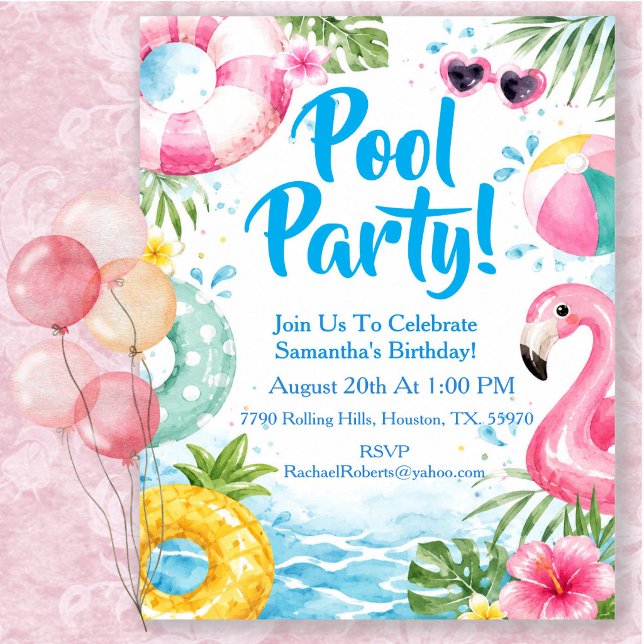 Invitation Fête d'anniversaire tropicale à la piscine aquarel (Créateur téléchargé)