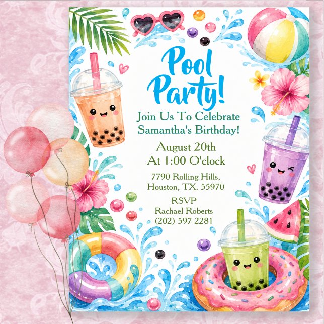 Invitation Fête d'anniversaire tropicale à la piscine aquarel (Créateur téléchargé)