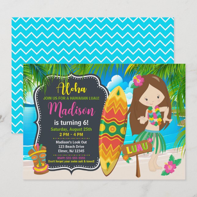 Invitation Fête d'anniversaire tropicale Aloha Hawaïenne Fill (Devant / Derrière)