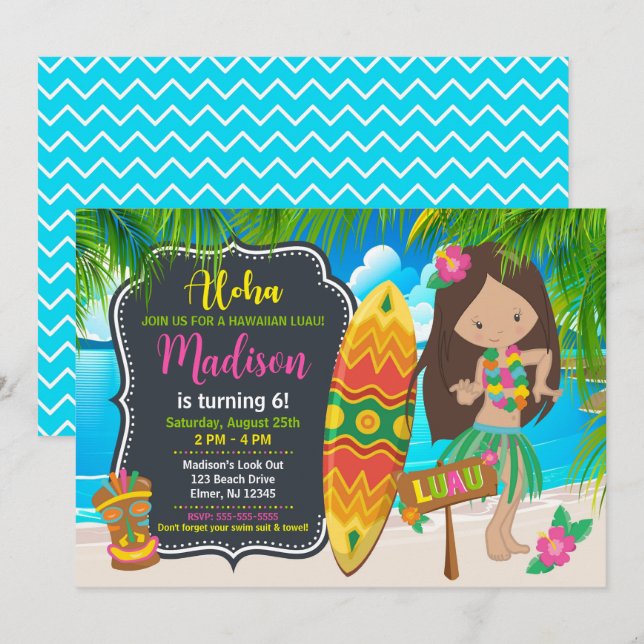 Invitation Fête d'anniversaire tropicale Aloha Hawaïenne Fill (Devant / Derrière)