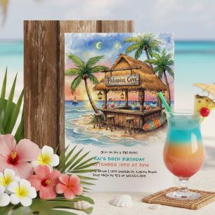 Invitation Fête d'anniversaire tropicale au bar Tiki sur la p