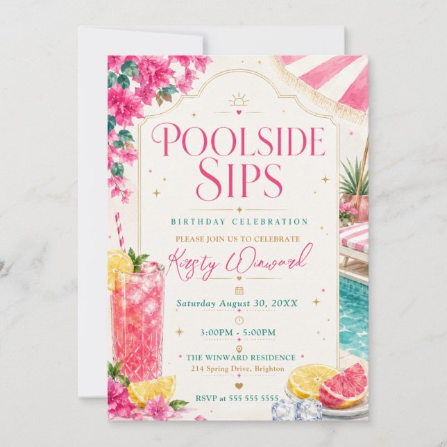 Invitation Fête d'anniversaire tropicale au bord de la piscin (Devant)