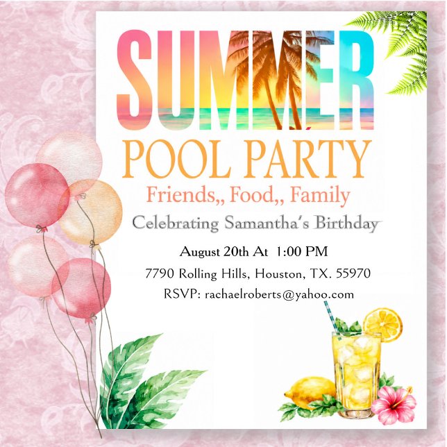Invitation Fête d'anniversaire tropicale au bord de la piscin (Créateur téléchargé)