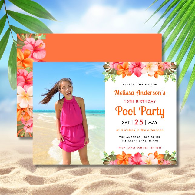 Invitation Fête d'anniversaire tropicale au bord de la piscin (Créateur téléchargé)