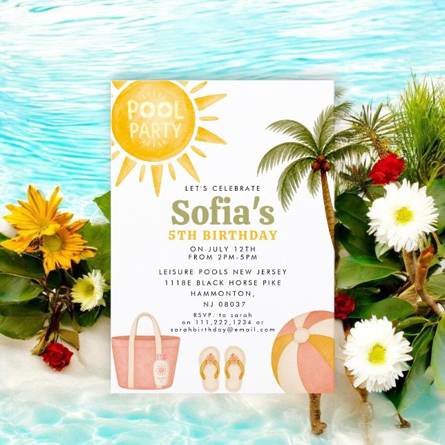 Invitation Fête d'anniversaire Tropicale au bord de la piscin (Créateur téléchargé)