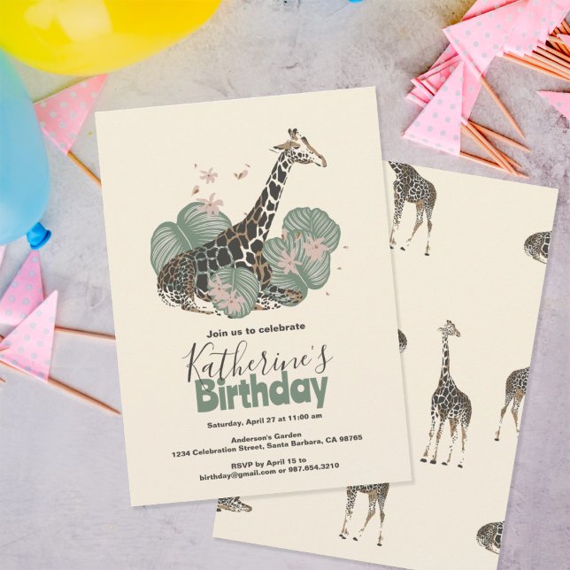 Invitation Fête d'anniversaire tropicale avec girafe  (Créateur téléchargé)