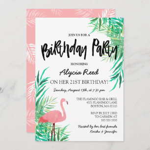 Invitation Fête d'anniversaire tropicale de Flamant rose