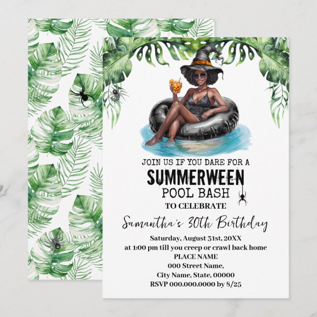 Invitation Fête d'anniversaire tropicale de sorcière de Summe (Devant / Derrière)