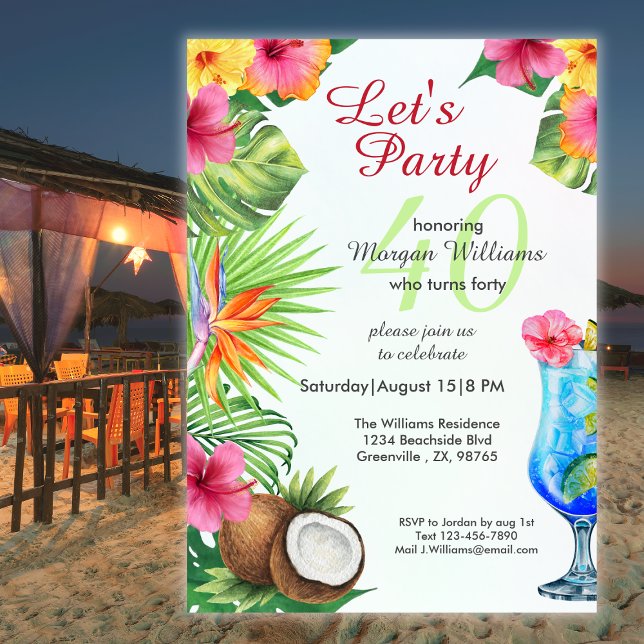 Invitation Fête d'anniversaire tropicale des 40 ans avec dîne (Créateur téléchargé)