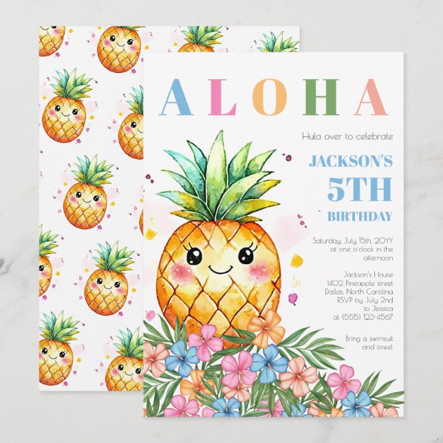 Invitation Fête d'anniversaire tropicale enfant aloha bleu à  (Devant / Derrière)
