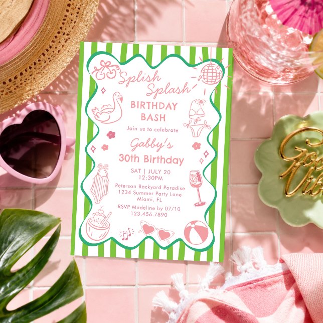 Invitation Fête d'anniversaire tropicale estivale rose et ver (Créateur téléchargé)