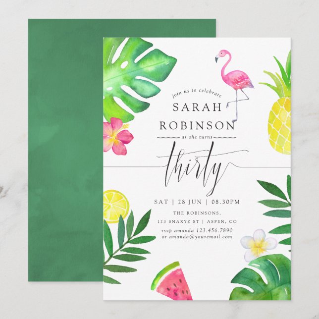 Invitation Fête d'anniversaire tropicale exotique Flamant ros (Devant / Derrière)
