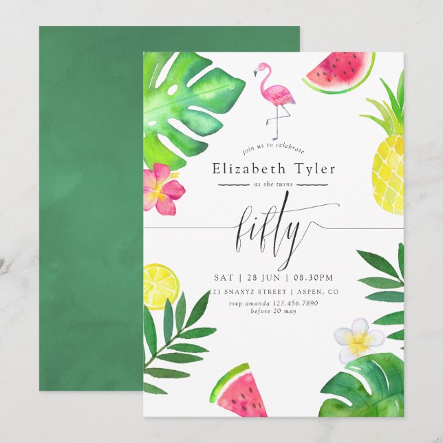 Invitation Fête d'anniversaire tropicale exotique Flamant Ros (Devant / Derrière)