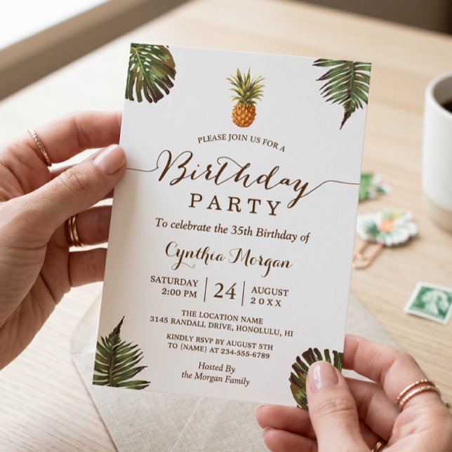 Invitation Fête d'anniversaire tropicale - Feuilles d'ananas  (Créateur téléchargé)