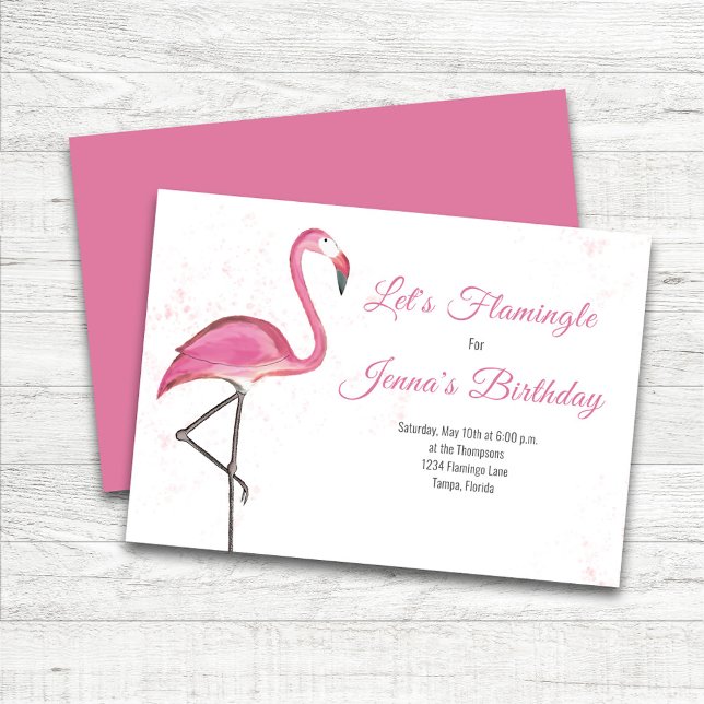 Invitation Fête d'anniversaire tropicale flamant rose aquarel (Pink flamingo birthday party invitation.)