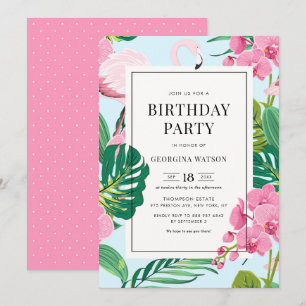 Invitation Fête d'anniversaire tropicale Flamant rose et Orch