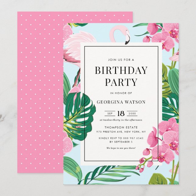 Invitation Fête d'anniversaire tropicale Flamant rose et Orch (Devant / Derrière)