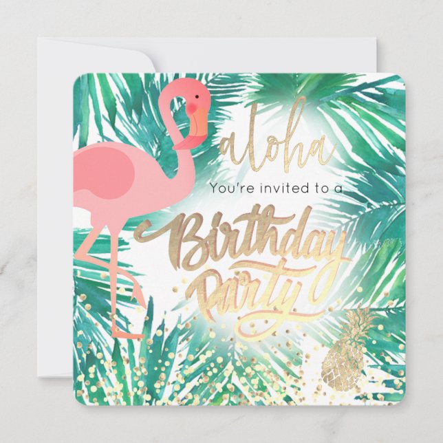 Invitation fête d'anniversaire tropicale flamingo (Devant)