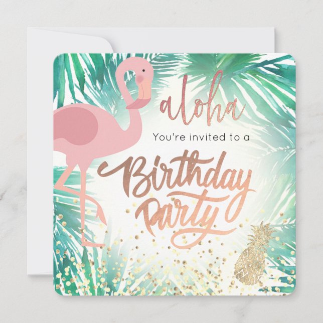 Invitation fête d'anniversaire tropicale flamingo (Devant)