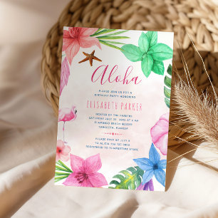 Invitation Fête d'anniversaire tropicale florale rose luau ha