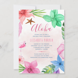 Invitation Fête d'anniversaire tropicale florale rose luau ha