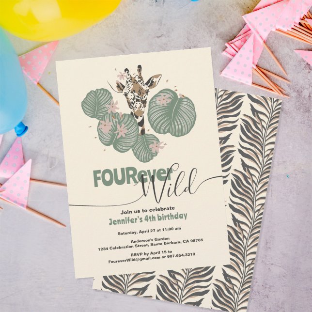 Invitation Fête d'anniversaire tropicale girafe 4 ans (Créateur téléchargé)