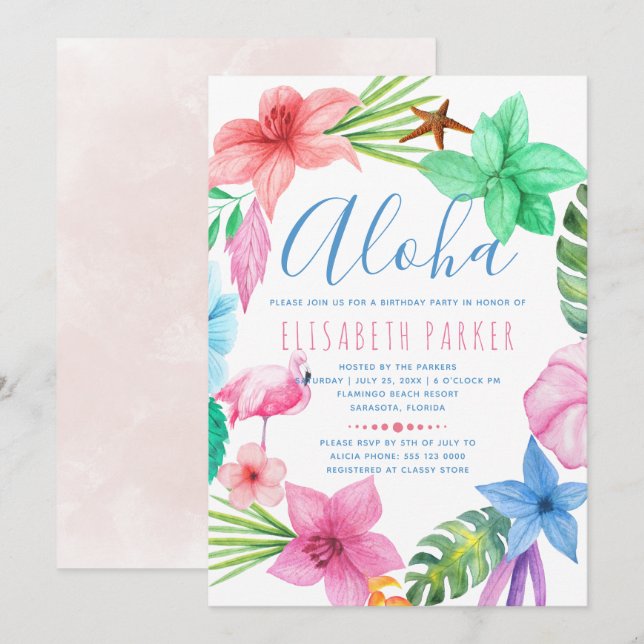 Invitation Fête d'anniversaire tropicale hawaïenne aloha flor (Devant / Derrière)
