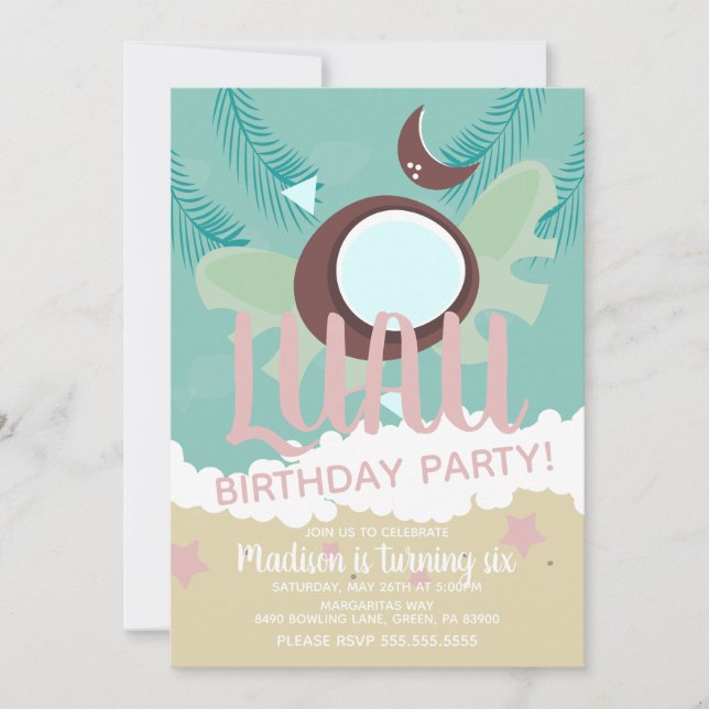 Invitation Fête d'anniversaire tropicale Luau à la noix de co (Devant)