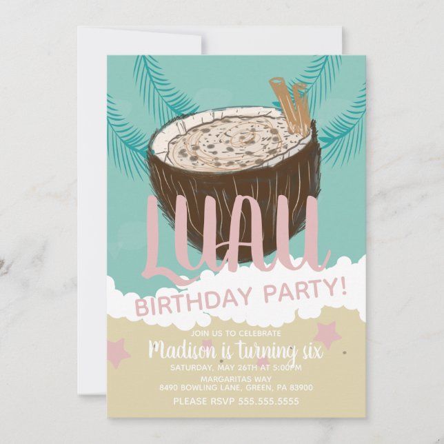 Invitation Fête d'anniversaire tropicale Luau aux noix de coc (Devant)