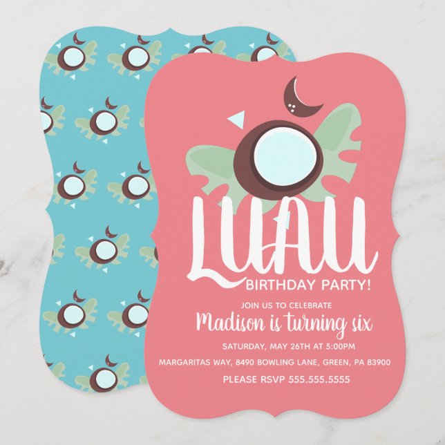 Invitation Fête d'anniversaire tropicale Luau aux noix de coc (Devant / Derrière)