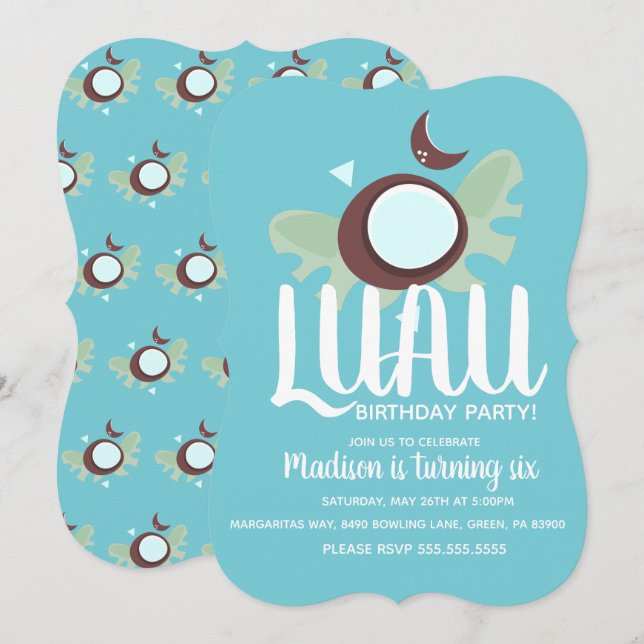 Invitation Fête d'anniversaire tropicale Luau aux noix de coc (Devant / Derrière)