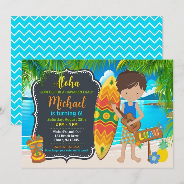 Invitation Fête d'anniversaire tropicale Luau hawaïenne Aloha (Devant / Derrière)