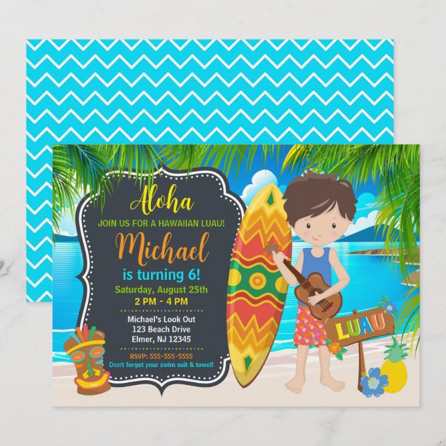 Invitation Fête d'anniversaire tropicale Luau hawaïenne Aloha (Devant / Derrière)