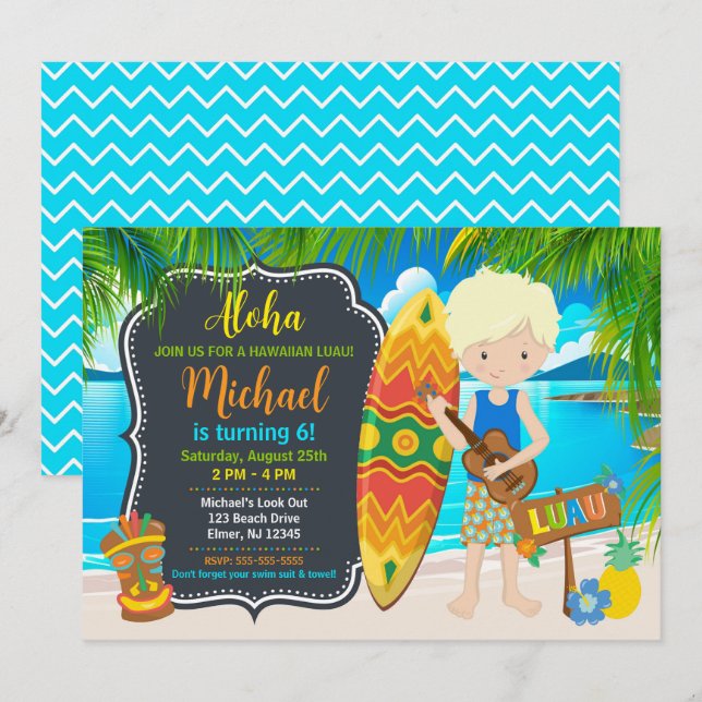 Invitation Fête d'anniversaire tropicale Luau hawaïenne Aloha (Devant / Derrière)