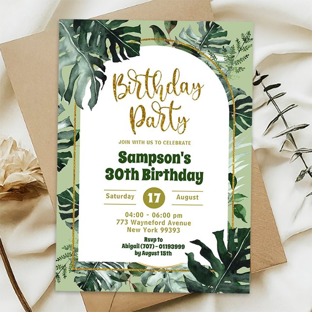 Invitation Fête d'anniversaire tropicale Monstera de la jungl (Créateur téléchargé)