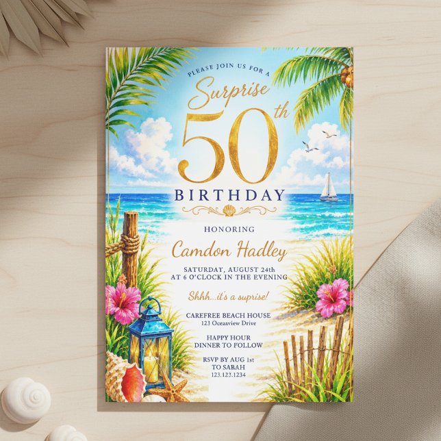 Invitation Fête d'anniversaire tropicale surprise 50 ans (Créateur téléchargé)