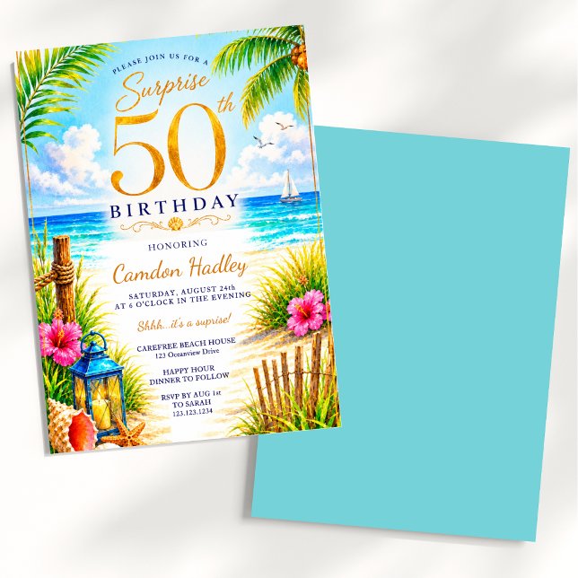 Invitation Fête d'anniversaire tropicale surprise 50 ans (Créateur téléchargé)
